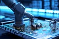 robotic arm assembles electronic components on a circuit board. AI Generated