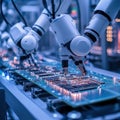 Robotic Arm Assembling Circuit Board in Modern Tech Factory Royalty Free Stock Photo