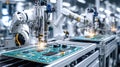 Robotic arm assembling circuit board in smart factory manufacturing line Royalty Free Stock Photo