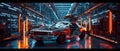 Robotic arm assembling futuristic car in automated factory. Generative ai illustrations