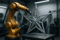 Robotic arm assembling a metal star in industrial workshop. concept of precision engineering, robotics technology, manufacturing Royalty Free Stock Photo