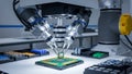Robotic Arm Assembling Microchip on Circuit Board in High-Tech Factory Royalty Free Stock Photo