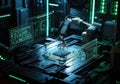 Robotic arm assembling a microchip in a futuristic technology environment