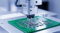 Robotic Arm Assembling a Microchip on a Green Circuit Board technology robotics Royalty Free Stock Photo