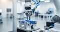 Robotic Arm Assembling Small Blue Components in a Clean Factory Setting automation manufacturing Royalty Free Stock Photo