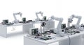 Robotic Arm Assembly Lines on White Tables with Electronic Components in Clean White Background Studio Setting Perfect Royalty Free Stock Photo