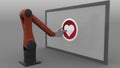 Robotic arm clicking heart-shaped like button. Automated social media promotion concept. 3D rendering