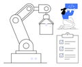 Robotic Arm, Coder Testing Software, and Checklist Representing Technology Development Royalty Free Stock Photo