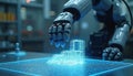 Robotic arm constructs glowing blue wireframe building model. Mechanical hand creates digital city structure on futuristic grid. Royalty Free Stock Photo