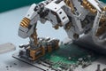 A robotic arm delicately assembling a complex circuit board generated by Ai
