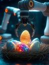 robotic arm delicately places a large, speckled egg into a nest