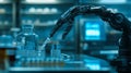Robotic Arm Dispensing Liquid in a Blue Lit Laboratory Royalty Free Stock Photo