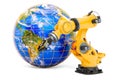 Robotic arm with Earth Globe. Global Automation Technologies concept, 3D rendering