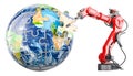 Robotic arm with Earth Globe from puzzle. Global Automation Technologies, concept. 3D rendering