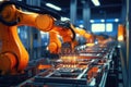 Robotic arm for electronic assembly line. Smart modern factory automation using advanced machines
