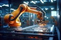 Robotic arm for electronic assembly line. Smart modern factory automation using advanced machines