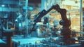 Robotic arm in a factory environment adjusts components with precision and efficiency for automated manufacturing processes