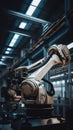 A robotic arm in a factory setting. Generative AI image. Royalty Free Stock Photo