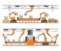 Robotic arm factory vector illustration, robot technology of production assembly on conveyor belt. Robotics concept.