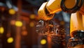 Robotic arm in futuristic factory automates metal manufacturing process generated by AI