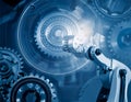 Robotic arm and gears representing automation and technology, symbolizing efficiency, innovation, and modern industry