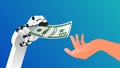 Robotic arm is giving 100 dollar bill to human. on blue gradient background. vector illustration