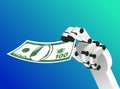 Robotic arm is holding 100 dollar bill. on blue gradient background. vector illustration