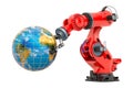 Robotic arm holding Earth Globe. Global Technology concept, 3D rendering