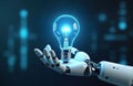 Robotic arm holds lightbulb on dark blue background. Tech innovation and creative ideas. Machine shows solution and scientific Royalty Free Stock Photo