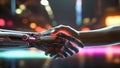 robotic arm, human arm, hand shaking, dark, lights, human and robot, ai generated image