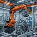 Robotic arm in an industrial setting, colored orange, performs automated tasks