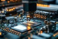 Robotic arm installing cpu chip on motherboard in factory