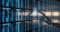 Robotic arm interacting with a futuristic digital data wall displaying blue binary code patterns Royalty Free Stock Photo