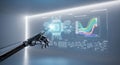 Robotic arm interacting with futuristic digital interface displaying circuit board and data analysis Royalty Free Stock Photo