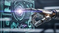 Robotic arm interacting with futuristic interface and data visualization Royalty Free Stock Photo