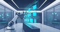 Robotic arm interacting with holographic data interface in a futuristic smart office environment illustration, showcasing advanced Royalty Free Stock Photo