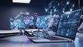 Robotic arm interacting with a laptop displaying complex data and neural network in a futuristic lab setting Royalty Free Stock Photo