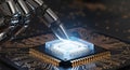 Robotic arm interacts with a glowing microchip on a circuit board showcasing technology Royalty Free Stock Photo