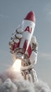 Robotic Arm Launching Red And White Rocket Against Cloudy Sky Royalty Free Stock Photo
