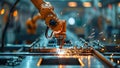 Robotic arm in manufacturing facility controls welding lathe with realtime data. Concept