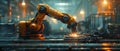Robotic arm in manufacturing plant operates welding lathe with HUD data. Concept Manufacturing,