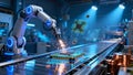 Robotic arm with a metallic body and glowing blue lights operates on a production line, assembling computer microchips. AI Image. Royalty Free Stock Photo