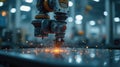 A robotic arm meticulously executes welding operations, generating bright sparks as it connects metal components in a