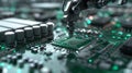 The robotic arm microchip processing.AI generated image Royalty Free Stock Photo