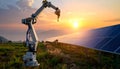 Robotic Arm Mntning Solar Panels at Sunset - Clean Energy Innovation Royalty Free Stock Photo