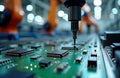 Robotic arm mounts microchip on circuit board. Automated precision assembly line. Modern electronics manufacturing. High tech