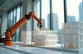 Robotic arm operates on architectural model, simulating 3D printing in office construction. Technology innovation in building Royalty Free Stock Photo