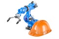 Robotic arm with orange hard hat, 3D rendering