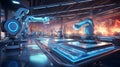 A robotic arm performing tasks on a factory assembly line, framed against a backdrop of glowing, futuristic LED screens