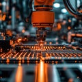 A robotic arm performs precise soldering on a circuit board in a factory, showcasing advanced automation in electronics